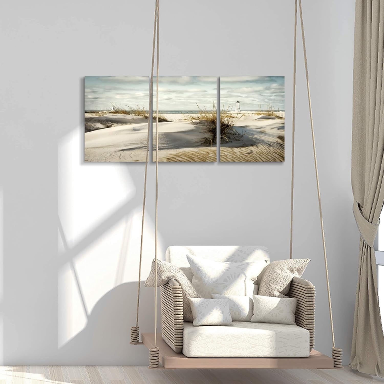 Beach Canvas Wall Art: 3 Panel Coastal Seaside Dune Picture Seascape Seagrass Artwork Lighthouse Painting Print for Bedroom (12x16)