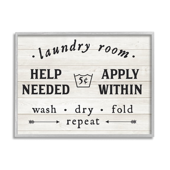 Stupell Industries Farmhouse Laundry Room Help Wanted Sign Rustic Pattern Typography Painting Gray Framed Art Print Wall Art, 24 x 30