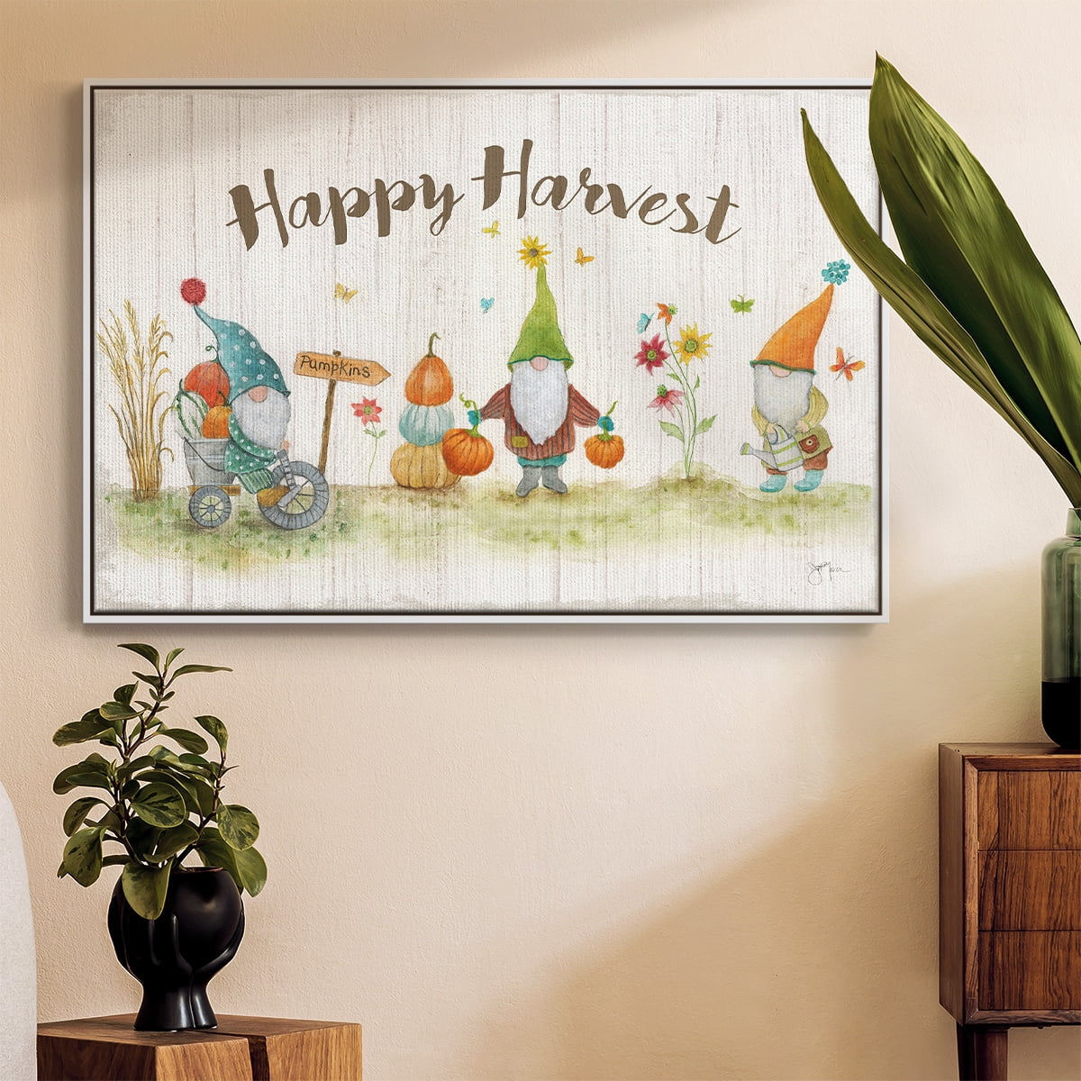Gnome Harvest - Framed Gallery Wrapped Holiday Canvas - 27 x 41 - White Frame