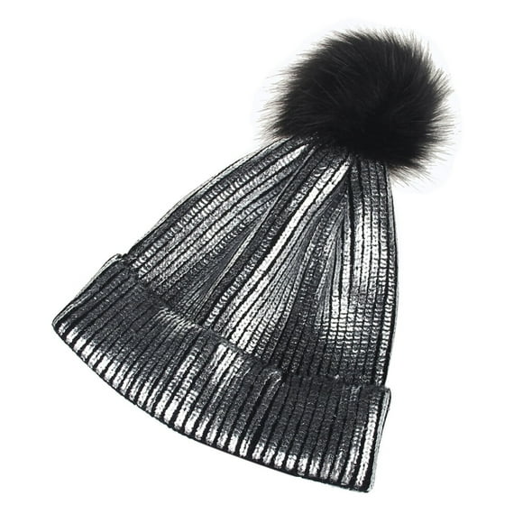 Invierno y otoño Chic Beanie Metallic Shiny Beanie Skull Pom Pom Sombreros Gorra para mujer (Plata)