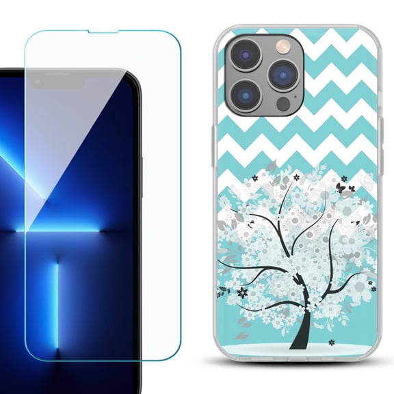 Slim-Fit Gel TPU Phone Case for iPhone 14 Pro Max, with Tempered Glass Screen Protector, by OneToughShield ® - Chevron/Tree