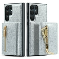 Dteck Samsung Galaxy S22 Ultra Case Wallet for Women Glitter PU Leather S22 Ultra Case with Magnetic Detachable Card Holder Wallet with Zipper Pocket Kickstand Shockproof Cover,Silver