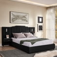 thumbnail image 2 of LOOM Queen Size Upholstered Bed Frame with Velvet Fabric,Vertical Stripe Design with Buttons Around Platform Bed with Headboard,Solid Frame & Bedside Table-No Box Spring Needed-Black, 2 of 9