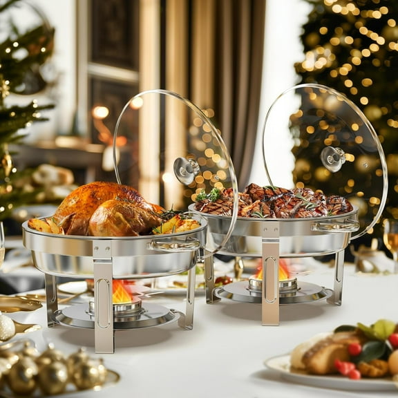 WARMOUNTS Chafing Dish Buffet Set 2 Pack, 5QT Round Chafing Dishes for Buffet with Glass Lid & Lid Holder, Stainless Steel Chafers for Catering, Parties, Events, Wedding, Camping, Dinner