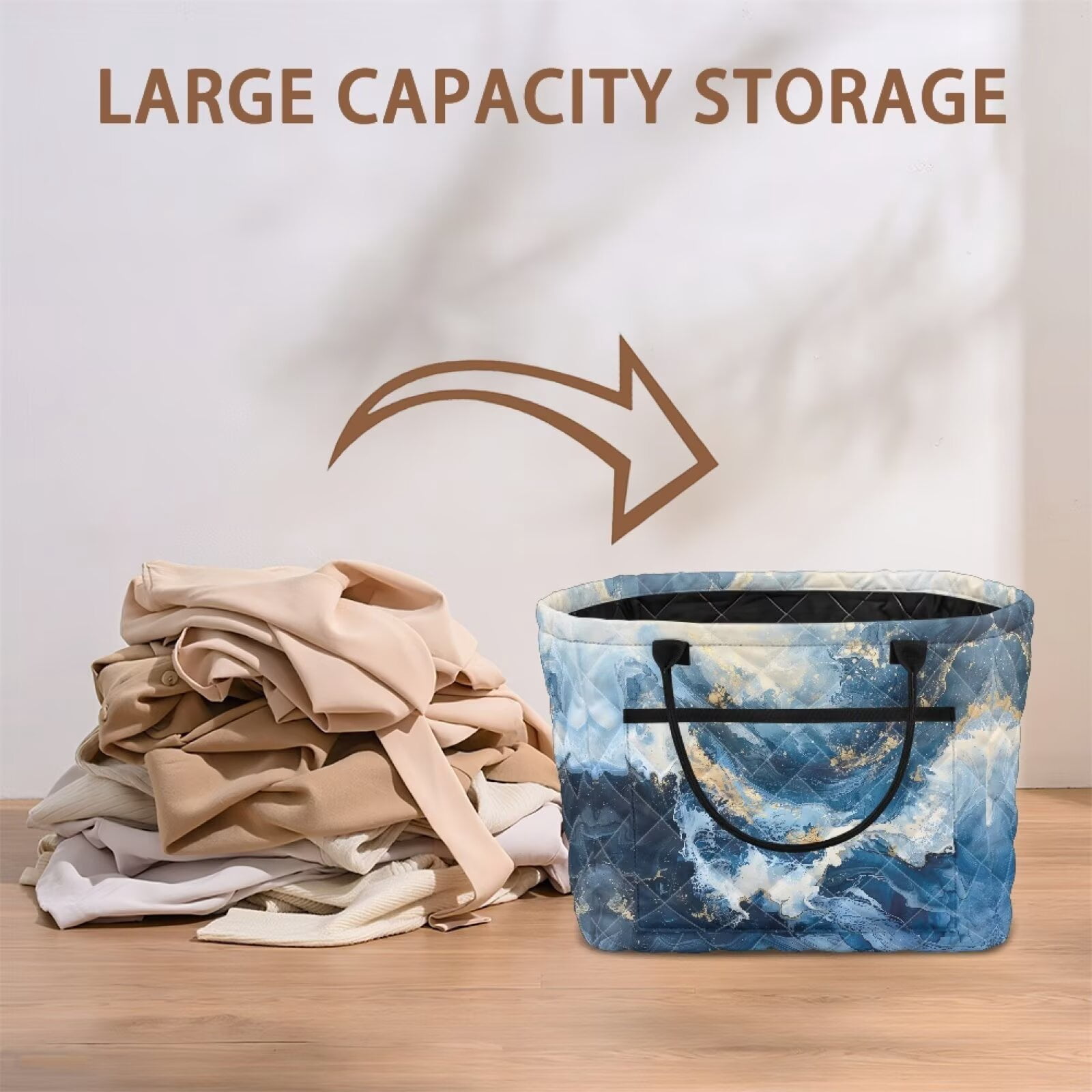 Yuyamidu Blue Marble Print Quilted Laundry Basket for Bedroom with Easy Carry Handles Collapsible Laundry Hamper Storage Basket Fabric Car Storage Basket for Women Gift