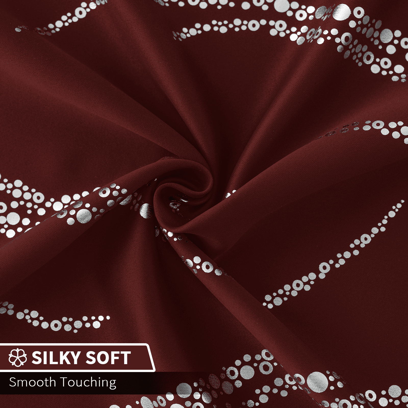 Yakamok Blackout Curtains for bedroom - Wave Line with Dots Silver Print Design Noise Reducing Thermal Insulated Ring Top Blackout Window Drapes for Livingroom (2 Panels, 52 x 84Inch, Burgundy)
