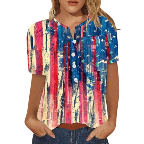 USSUMA Summer Tops for Women Trendy V Neck Short Sleeve Dressy Shirts Blouses American Flag Star Buttons Women's Tops Summer 2022 4th of July Patriotic Casual Tshirts Tunic Plus