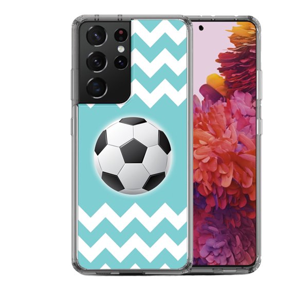 Shockproof Hybrid Bumper Phone Case for Samsung Galaxy S21 Ultra, by OneToughShield ® - Chevron/Teal/Soccer