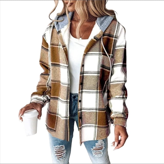 Camisas A Cuadros para Mujer, Chaqueta de Larga con Botones y Forro , Sudadera con Capucha, Blusa Informal de Moda. Color Caramelo S