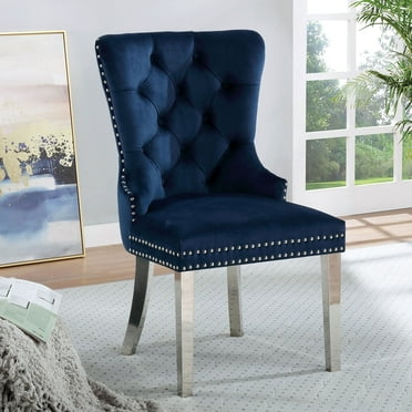 Newboti Furniture Set of 2 Wingback Dining Chairs with Button Tufted Back in Blue and Chrome 11518
