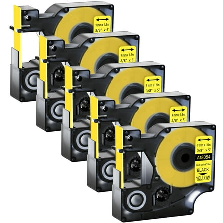 GREENCYCLE 5PK Industrial Rhino Heat Shrink Tubes Compatible for DYMO 18054 9mm 3/8" Black on Yellow Cable Label Tape