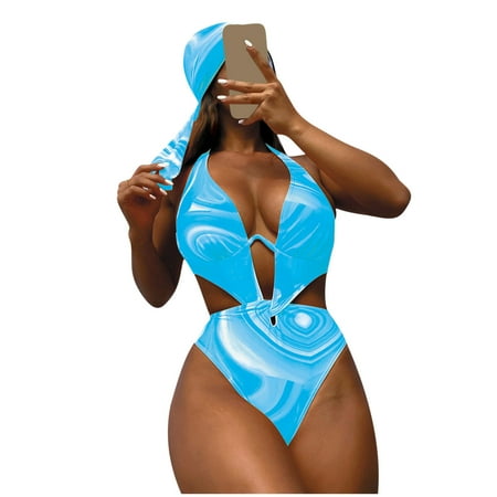Tao Tao Women s Neck Halter One Piece Swimsuit With Headscarf 2 Piece Swimsuits Bikini Set Bathing Suit Blue M