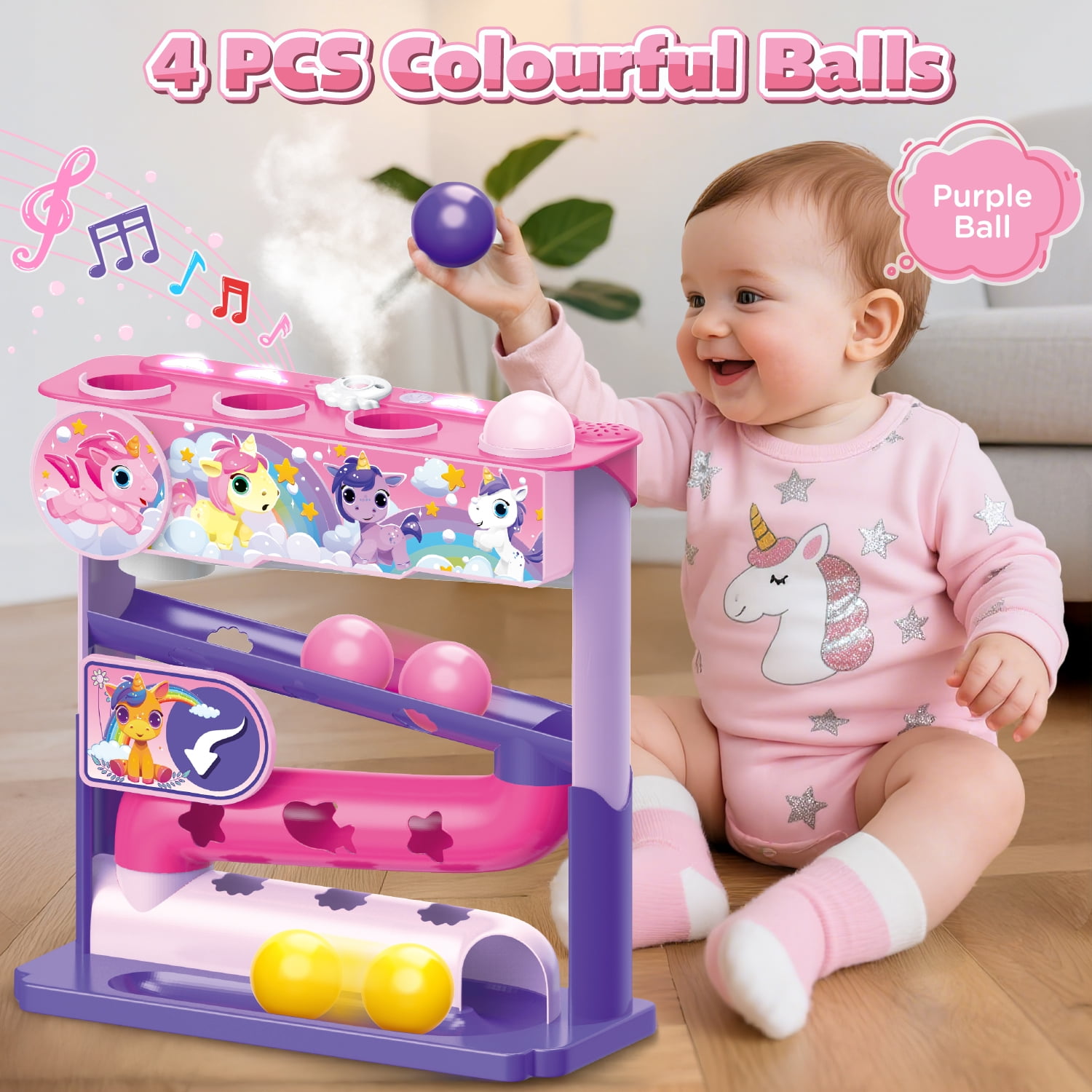 UQN Ball Drop Toys for 1 Year Old, Stacking Toys Drop Ball Tower for Toddlers 1-3, Baby Unicorn Toy with Light Music Spraying, Drop Ball Baby Toy, Birthday Gifts for Girl Boy Age 6-18 Months Old