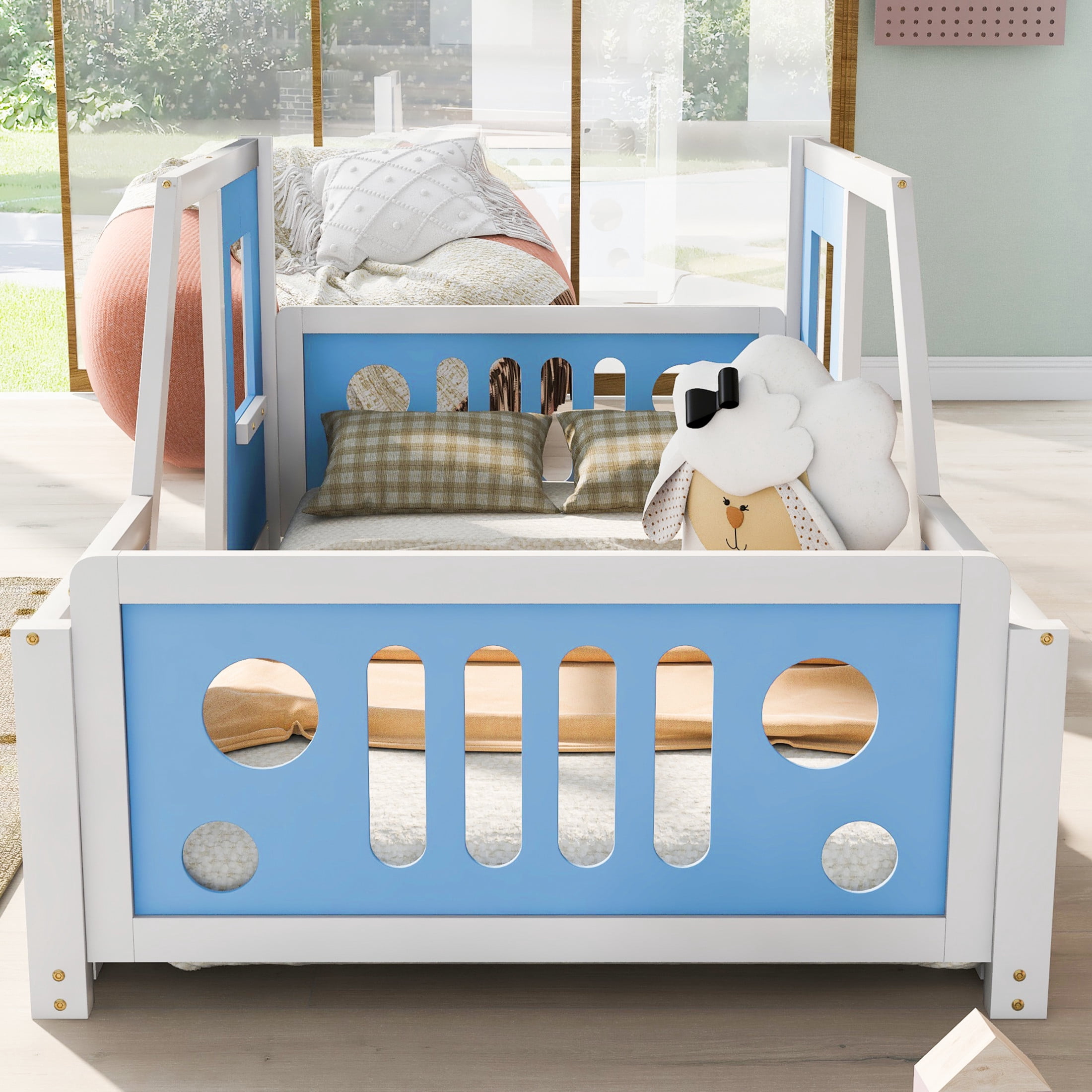 Noble House Twin Classic Car-Shaped Platform Bed, Playful Pine Wood Frame with Doors and Wheels, Blue