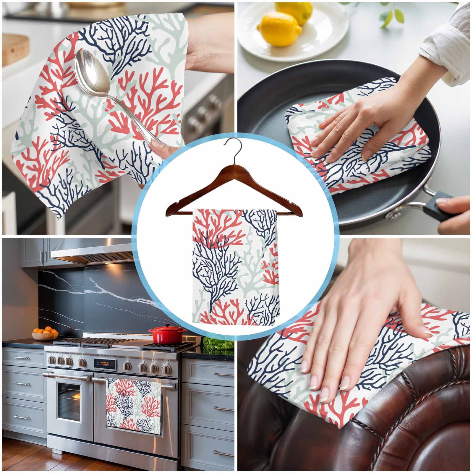 Red Navy Blue Coral Coastal Kitchen Towels Set of 3, Water Absorbent Dish Towel, Summer Beach Seaside Nautical Decorative Hand Towels - Quick Drying Cloth for Cooking Baking, 18x28 Inch