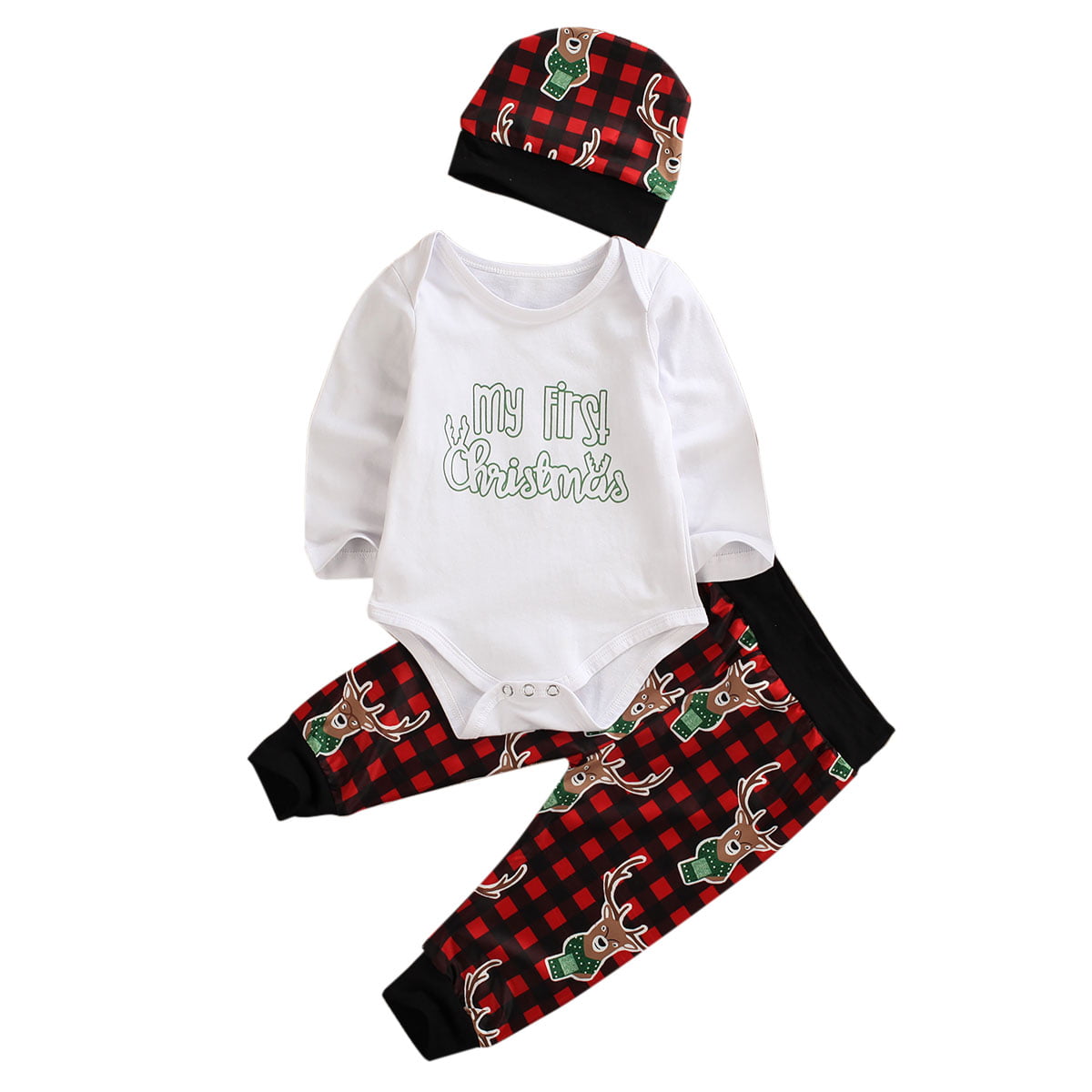 Christmas Newborn Kids Baby Girls Boys Outfits Clothes 3Pcs Romper+Pants+Hat Set 