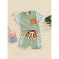 thumbnail image 3 of FEORJGP Toddler Baby Boy Summer Outfits 2Pcs 0-3Y Infant Crew Neck Pocket T-shirt Short Sleeve Shirt Checkerboard Tops + Patchwork Shorts Set Newborn Loose Casual Daily Clothes, 3 of 9