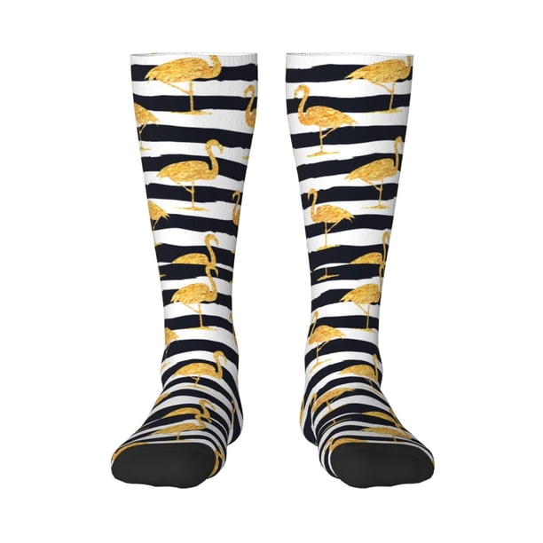 Fotbe Gold Flamingo Calcetas Divertidas Estampadas para Hombre y Mujer, Calcetas de Algodón hasta la Rodilla para Caminar, Correr, Enfermería y Embarazo