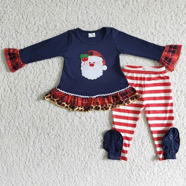 Pijamas de Navidad para niña, ropa de Papá Noel, camisa con volantes, conjunto de pantalones a cuadros, atuendo infantil de Boutique, venta al por mayor