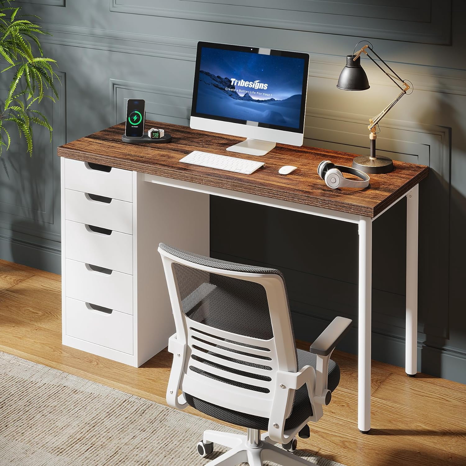 Tribesigns Modern Computer Desk with 5 Drawers, 47 in Brown Home Office Desk with Storage for Adult