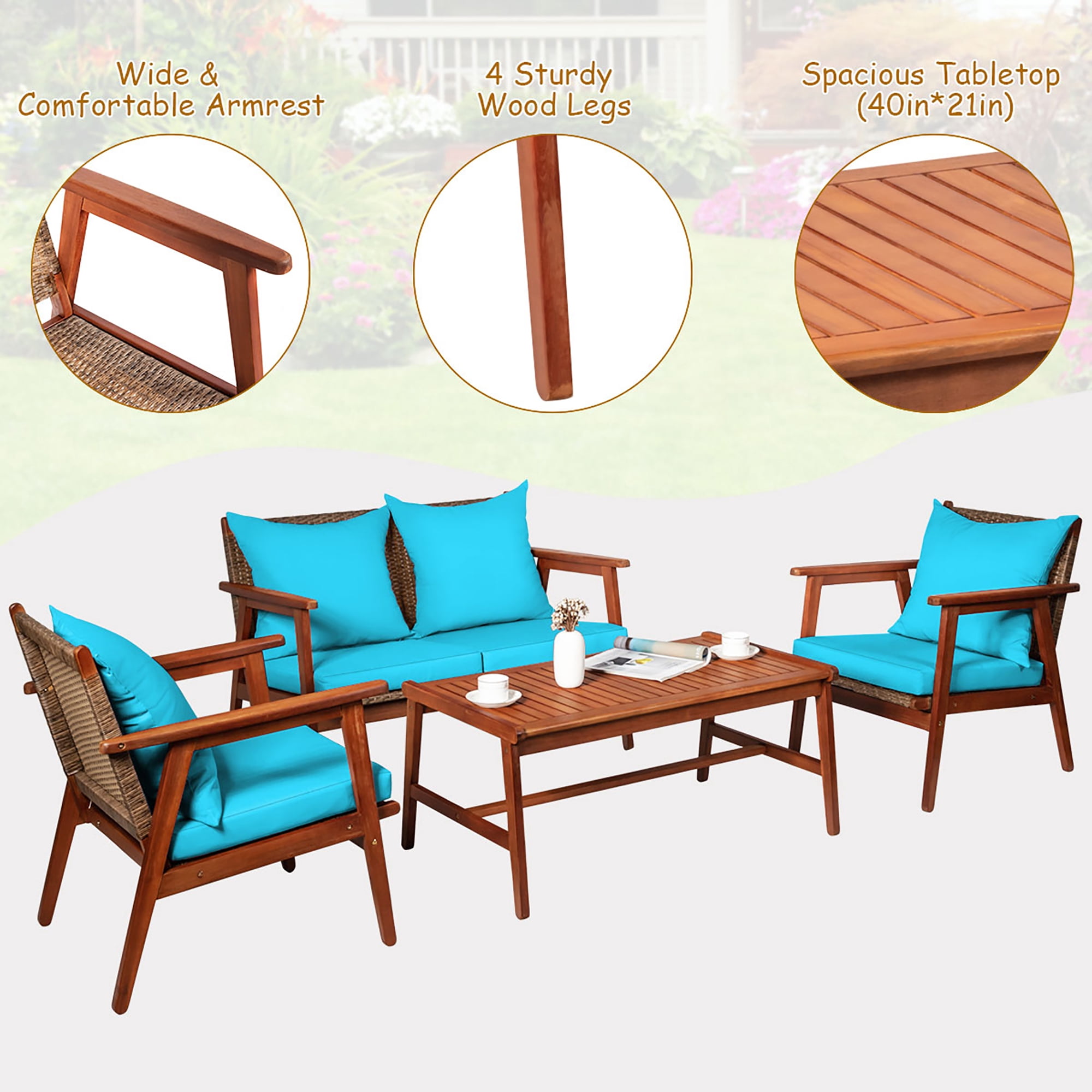 Costway 4PCS Patio Rattan Furniture Set Acacia Wood Frame Cushioned Sofa Chair Turquoise