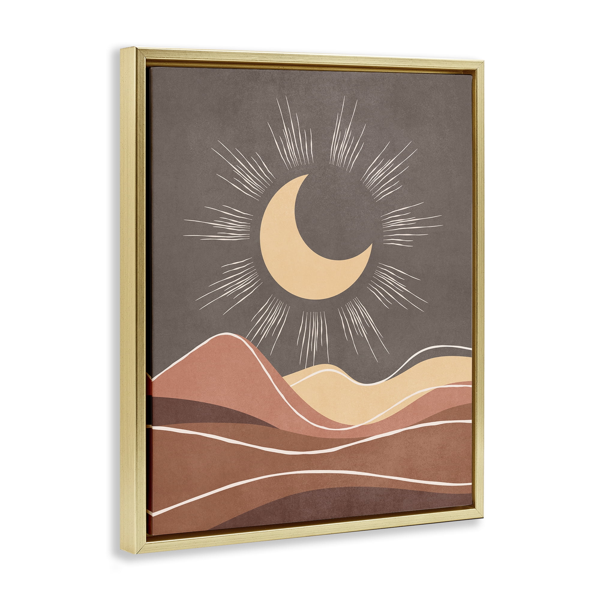 Stupell Industries Boho Moon over Desert Landscape & Nature Painting Gold Floater Framed Canvas Art Print Wall Art, 25 x 31