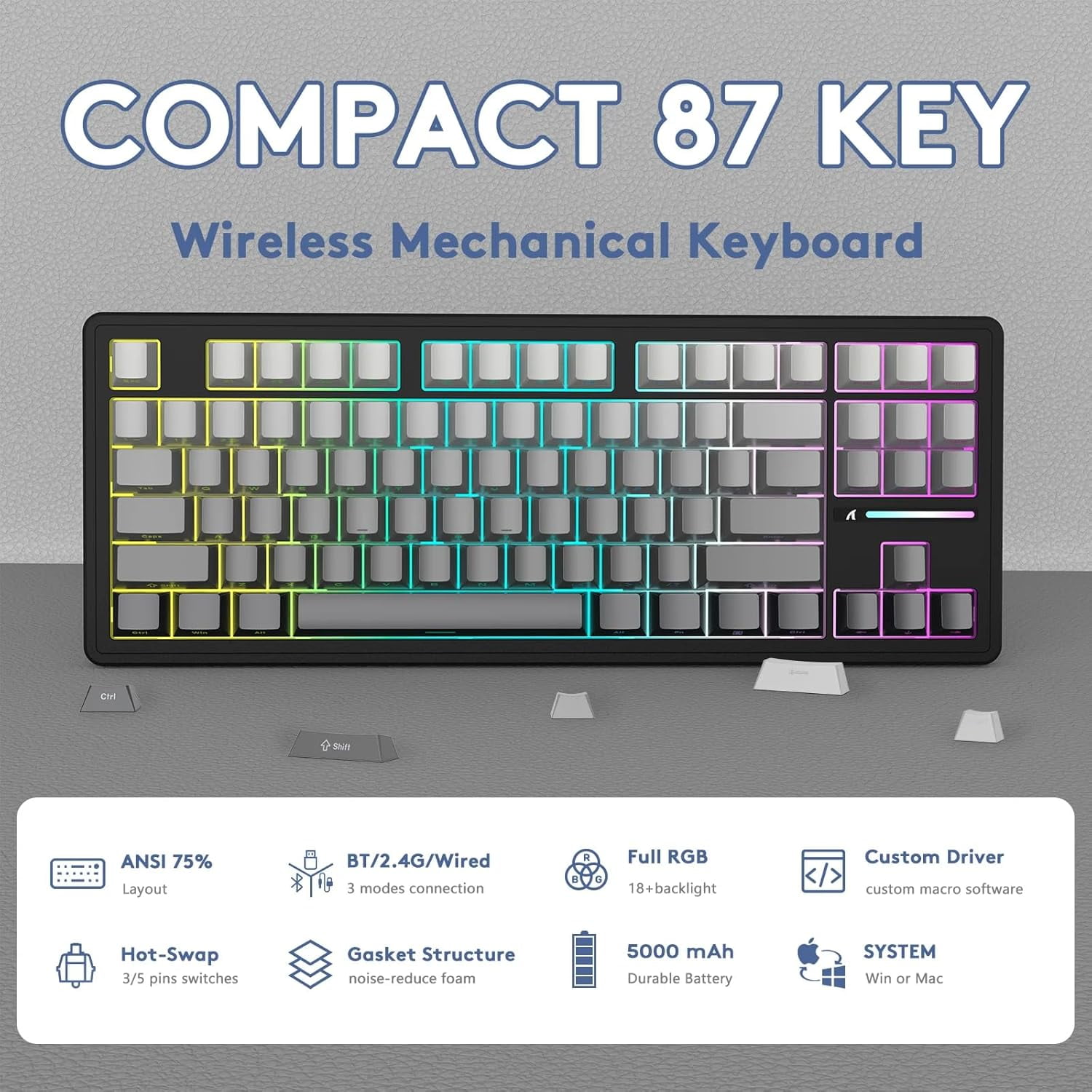 ATTACK SHARK M87PRO Wireless Mechanical Gaming Keyboard,Hot Swappable Gasket RGB Custom Keyboard,Linear Switch&Side Printed PBT Keycaps,BT5.0/2.4Ghz/Type-C,5000mAh Battery for Win Mac,Gradient Black