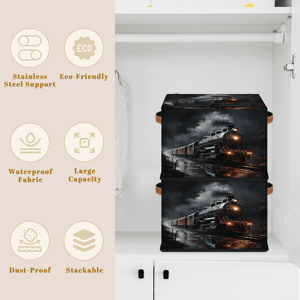 ADECORIVY Train Fabric Storage Bin with Lid, Decorative Closet Shelf Organizers, Steam Train Foldable Basket Box Clothes Storage Bin with Handles