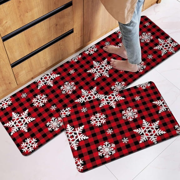 Merry Christmas Kitchen Mats Set of 2 Red Buffalo Plaid Kitchen Rugs Set Snow Flake Xmas Kitchen Mats for Floor Cushioned Anti-Fatigue Kitchen Mat Kitchen Decor Floor Mats