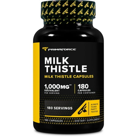 PrimaForce Milk Thistle 180 Capsules 1000mg Equivalent - Gluten Free, Non-GMO Dietary Supplement, from 250mg of 4:1 Extract