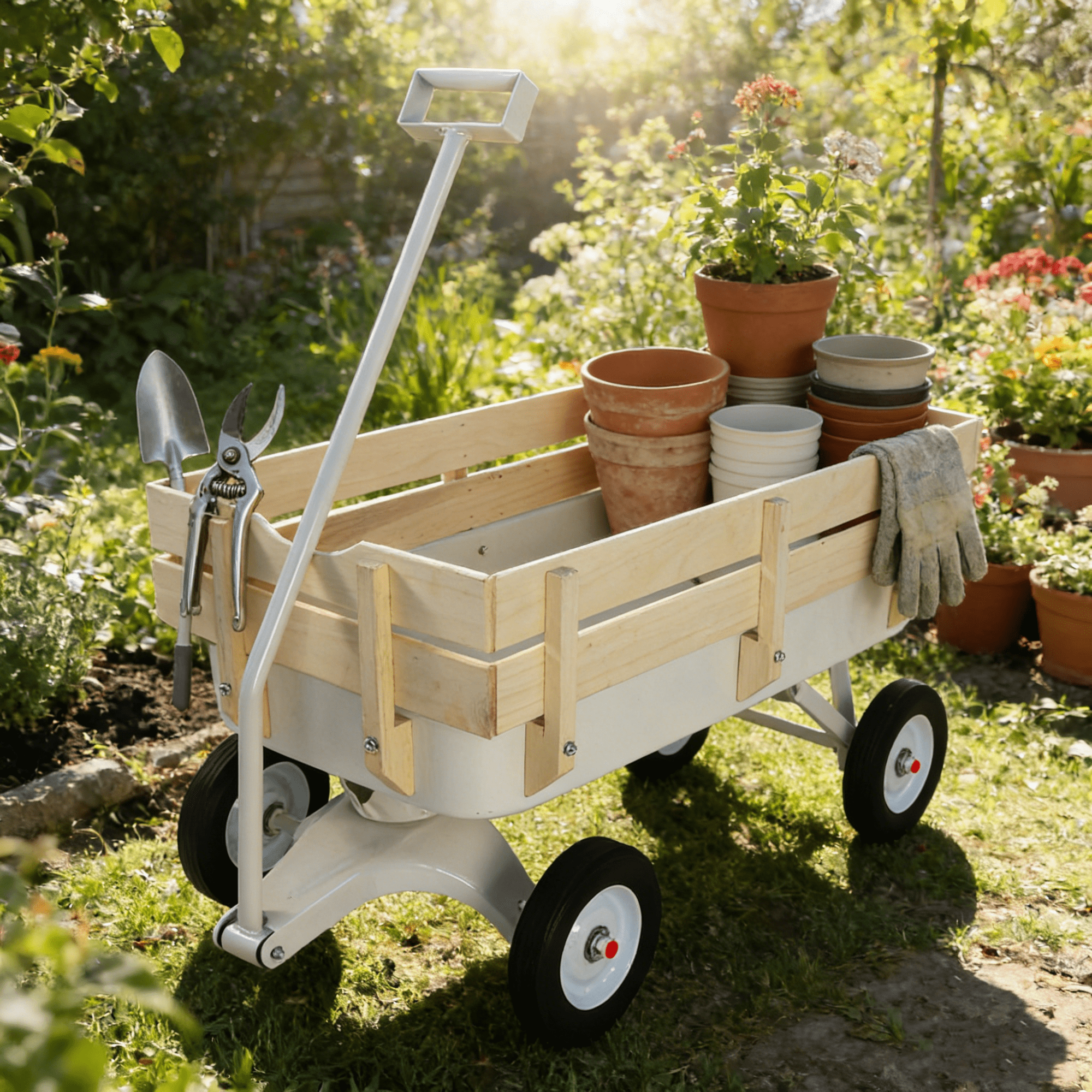 Leumius Outdoor Wagon with Pulling Wood Railing Panels,39" Utility Wagon with 10 Inch Wheels,176LBS Capacity for Beach,Garden,Park,White