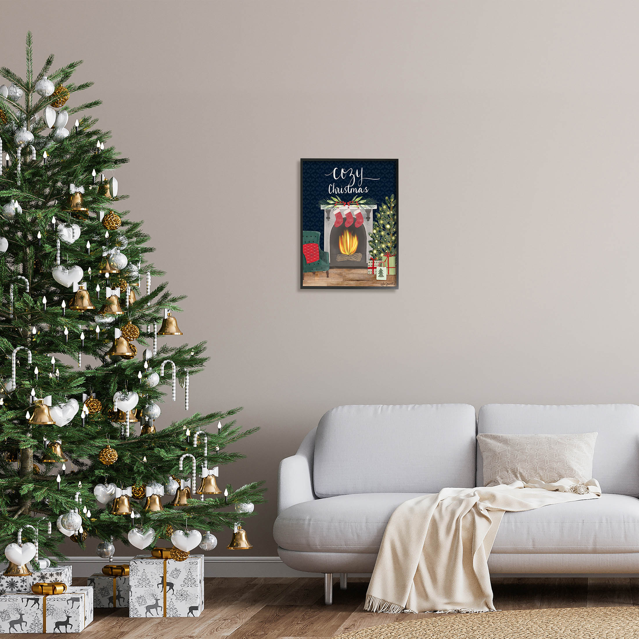 Stupell Industries Cozy Christmas Fireplace Mantle Graphic Art Black Framed Art Print Wall Art, Design by Katie Doucette