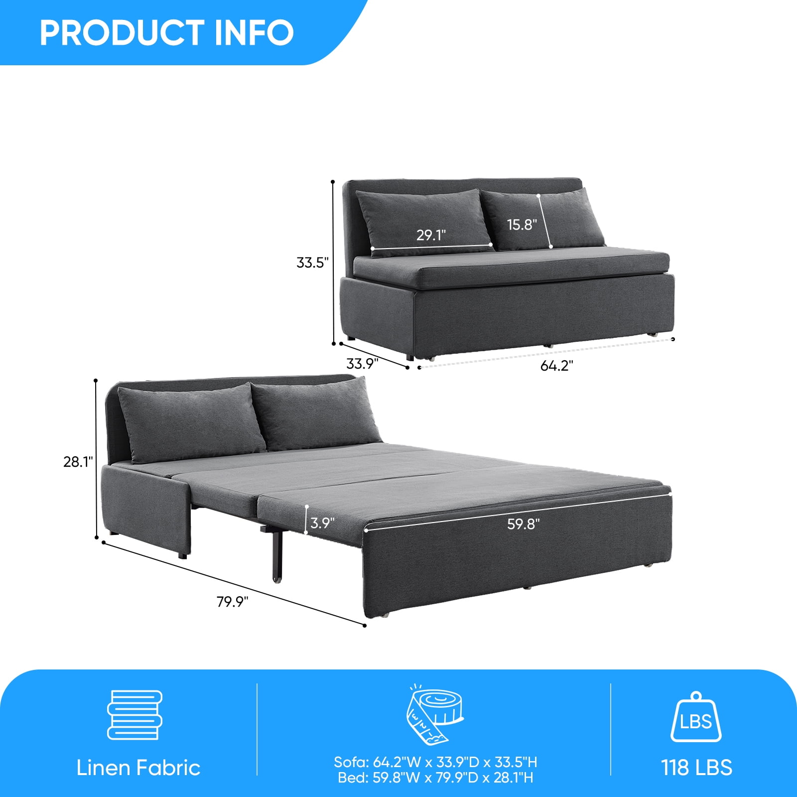 BALUS 62" Linen Queen Size Pull Out Sofa Bed, Convertible Loveseat Sleeper Sofa with 2 Pillows and Foldable Mattress, Dark Gray