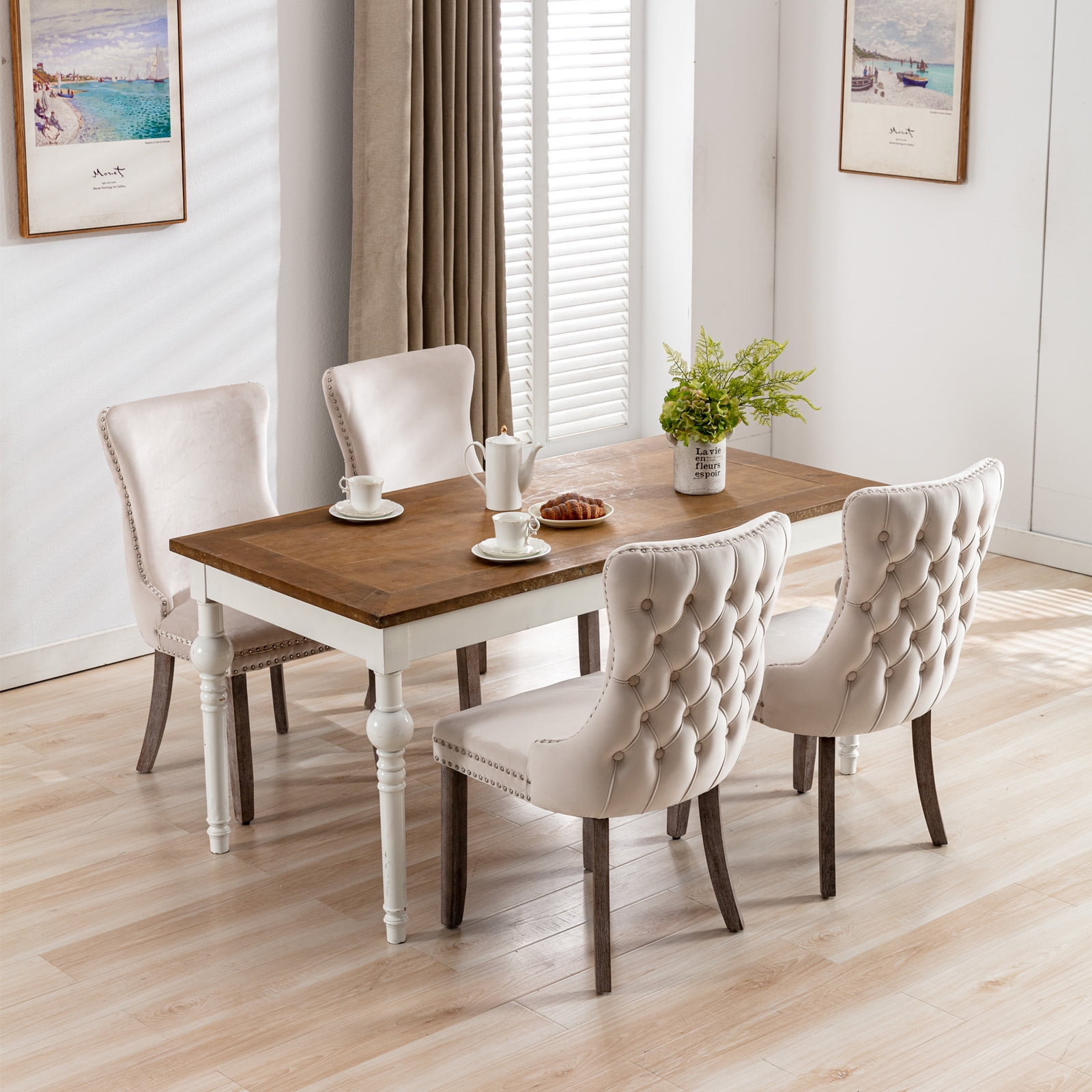 Gewnee Furniture,Upholstered Wing-Back Dining Chair with Backstitching Nailhead Trim and Solid Wood Legs,Set of 2, Beige,Recommended for Use in The Dining Room.