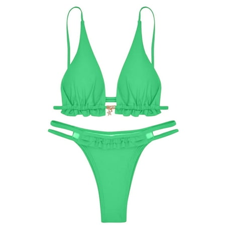 JIANJIA Womens Swimsuits Solid Color Sexy Spaghetti Strap Brassiere With Thongs Swimsuit Two Piece Bikinis Swimwears Holiday Wear Green M