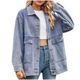 thumbnail image 2 of clear 50% off Usmixi Winter Womens Denim Jacket Womens Denim Coat Long Sleeve Button Down Lapel Vintage Boyfrined Jean Jacket Casual Solid Loose Stretchy Denim Outerwear with Pocket Up to 65% off, 2 of 7