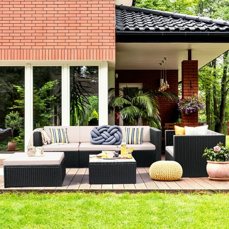 Costway 6 PCS Outdoor Patio Rattan Wicker Sectional Furniture Set Table Sofa Cushioned