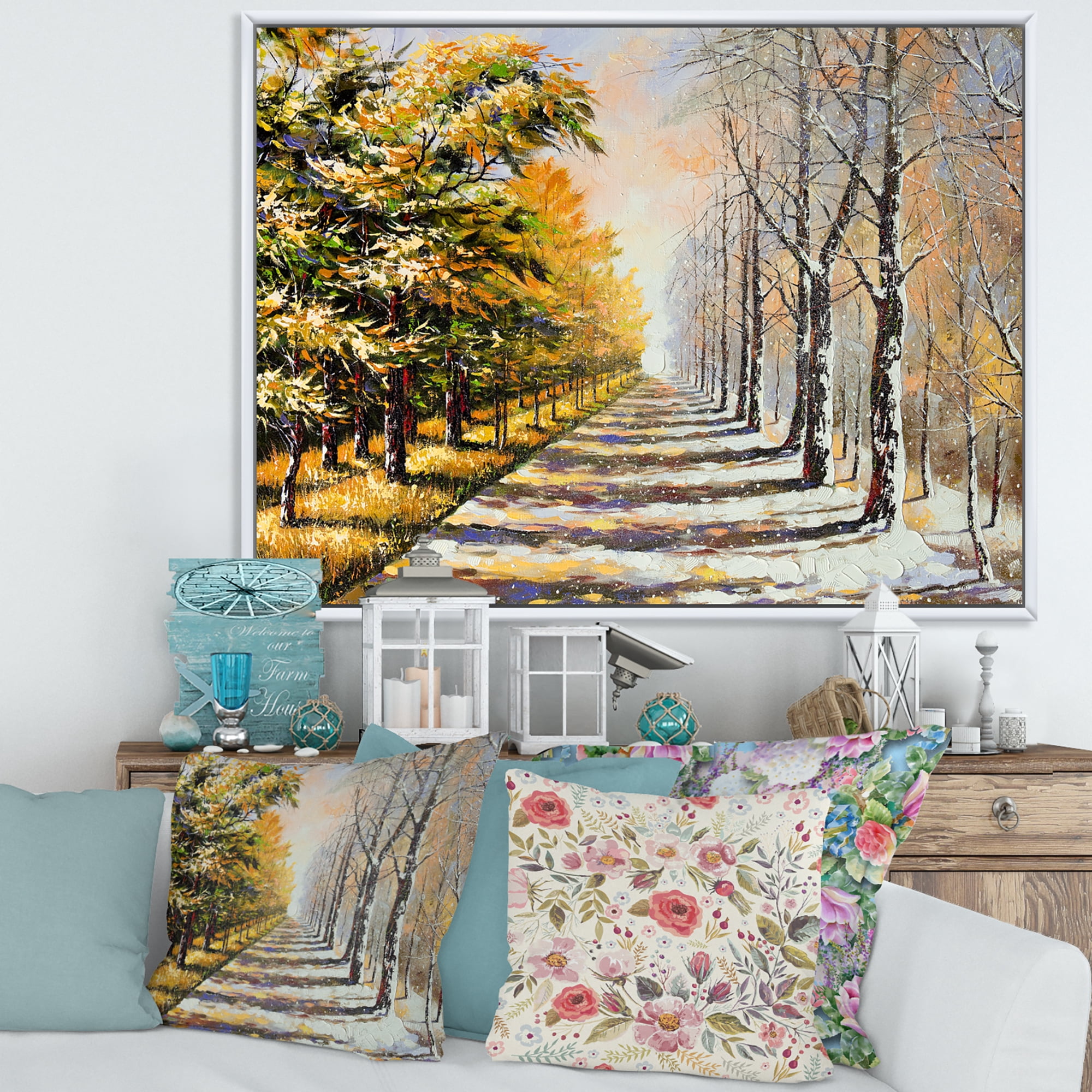 Allegory On Theme Autumn and Winter 40 in x 30 in Framed Painting Canvas Art Print, by Designart