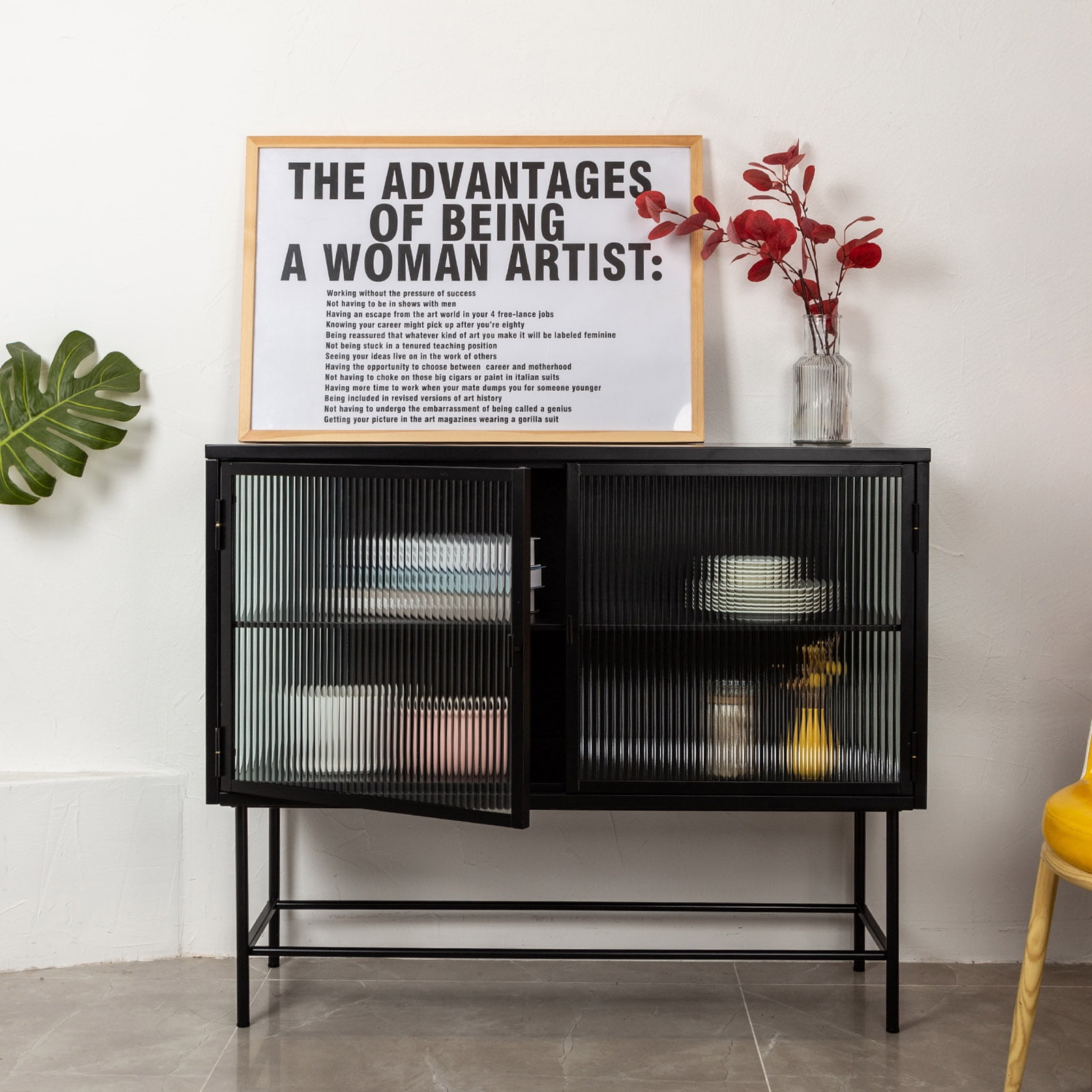 Retro Style Fluted Glass Storage with Dual Doors, Simple Modern