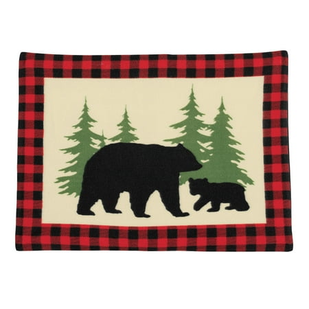 Croscill Red Sham - Rustic Cabin Bear Fleece Pillow Sham Set, Bear Silohettes with Red / Black Checkered Border, 2pc