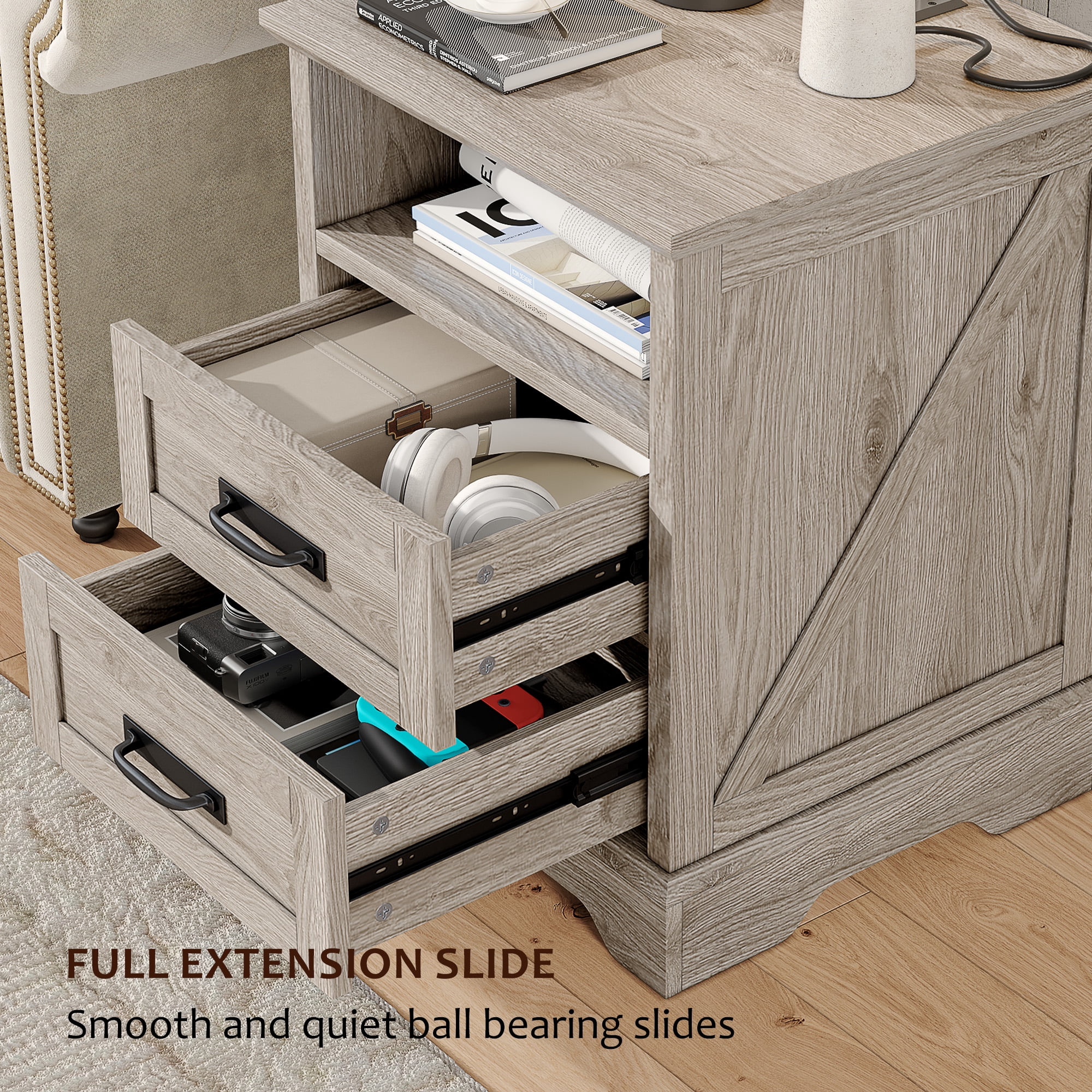 Farmhouse Nightstand Set of 2, 18 inch End Table with Charging Station for Bedroom, Living Room, Grey