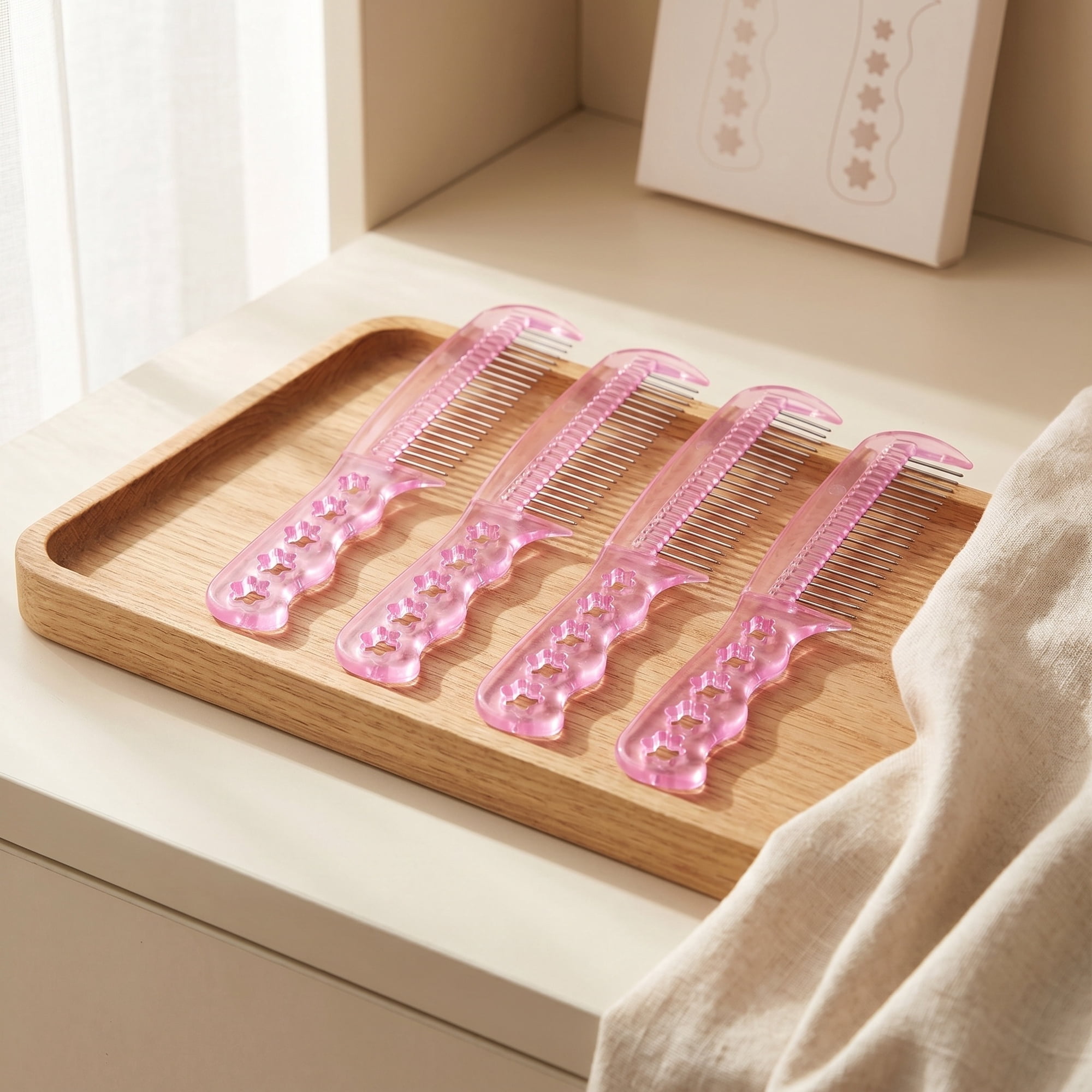 KALLORY 4Pcs Pink Professional Steel Wig Combs for Hair Use with Easy Glide Teeth and Static Elimination