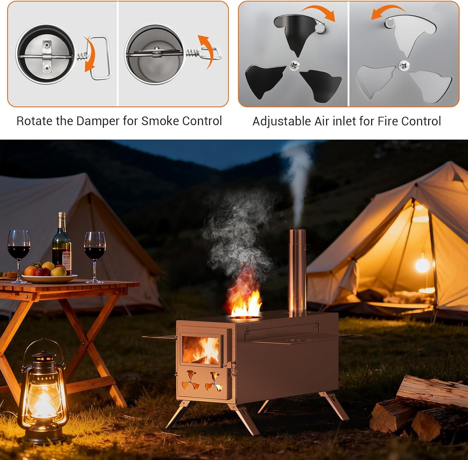 Mophoto Upgraded Wood Burning Sauna Hot Tent Stove,2 in 1 Tent Wood Burning Stove with Chimney Pipe for Outdoor Camping Heating, Camping,Hunting,Heating,Cooking,Ice Fishing,Boiling Water