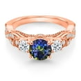 thumbnail image 2 of Gem Stone King 18K Rose Gold Plated Silver Blue Mystic Topaz White Topaz and White Moissanite Engagement Ring for Women (1.55 Cttw, Gemstone, Round 6MM and 3MM, Size 8), 2 of 4