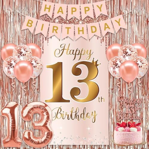 13th Birthday Decorations Kit for Girls, 18pcs Pink Rose Gold Happy 13th Birthday Banner cake topper Tassel Curtain Backdrop, 13 year old Bday door cover Number 13 Foil Balloon Party Supplies