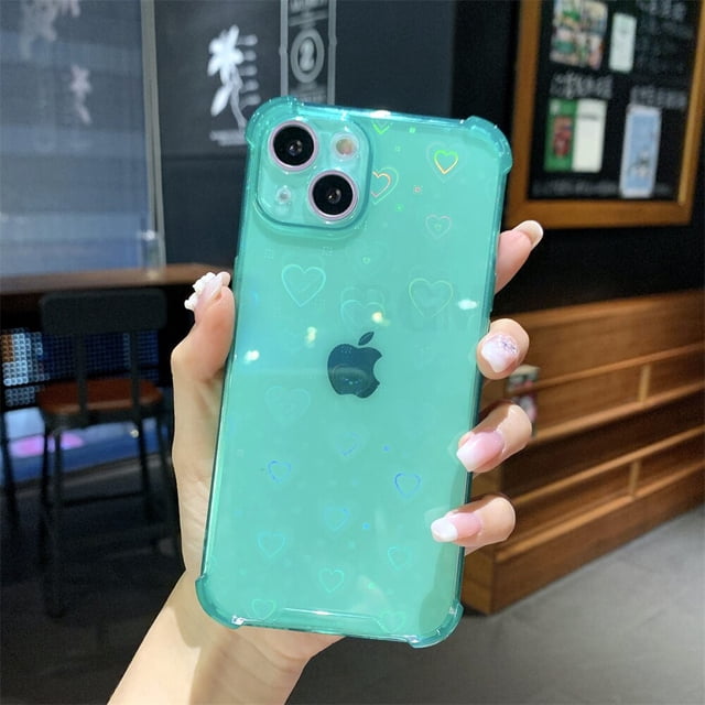 Funda holográfica reflectante de lujo con corazón de amor para iPhone 14 13 12 11 Pro Max Mini XS X XR 7 8 Plus SE 2, funda suave y transparente Tan Jianjun unisex