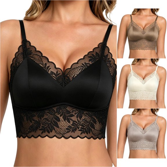 Afdoent Bras for Women Lace Push Up Bra Adjustable Straps Fixed Cup Satin Wirefree Comfy Everyday Bra