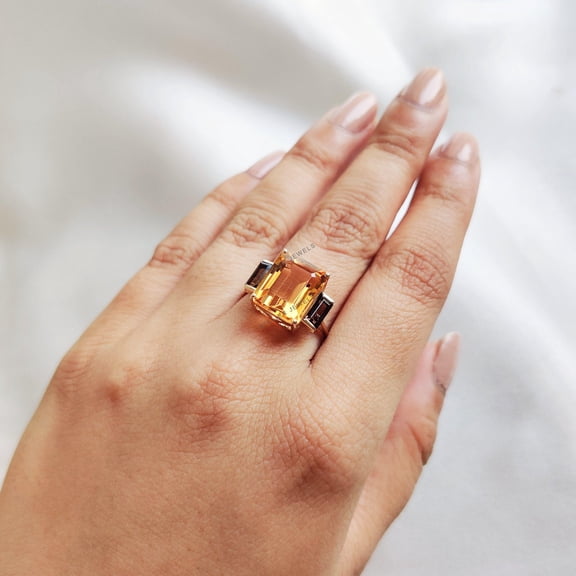 14K Gold Natural Citrine & Smoky Quartz Ring, Solid Yellow Gold Ring, November and June Birthstone Ring, Multi Stone Statement Ring