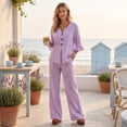 thumbnail image 7 of Women's 2 Piece Linen Matching Set V Neck Ruffle 3/4 Sleeve Button Down Gingham Plaid Top Wide Leg Pants Casual Outfit, L, 7 of 7