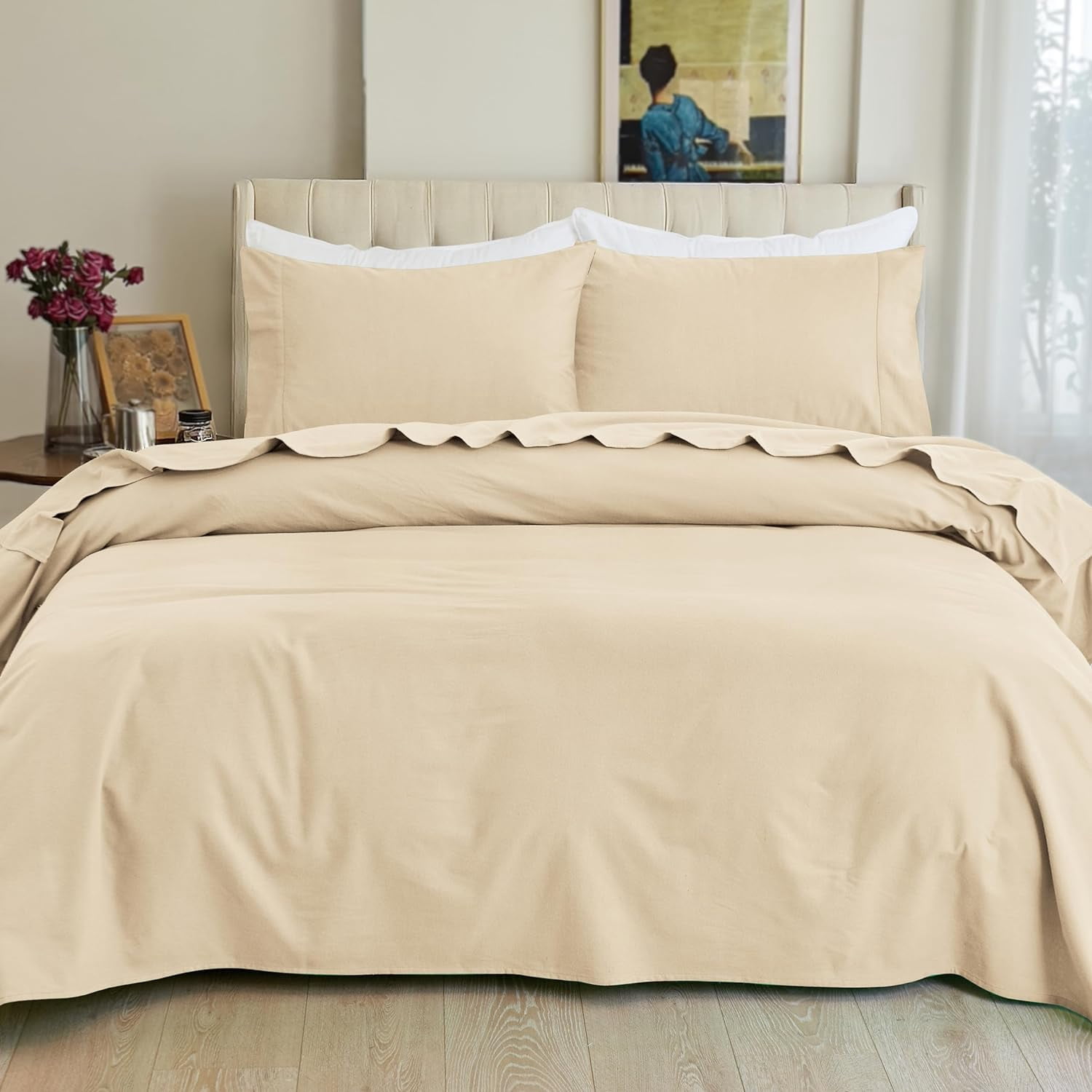 Elegant Comfort Soft 4-Piece Cotton Flannel Sheet Set -Deep Pocket Fitted Sheet, Flannel Sheets - Cali King, Linen